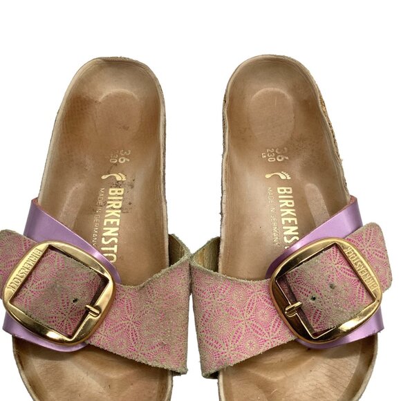Birkenstock Madrid Gold Big Buckle Sandals 5 36 Pink Print Single Strap Slide - Picture 9 of 12